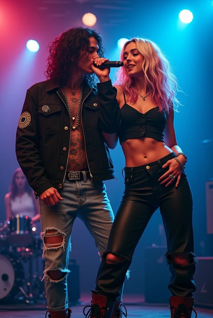 Photography of a 20 year old Asian guy with long curly hair wearing a black jacket with tattoos, ripped jeans, chain accessories, boots, holding a microphone on stage accompanied by a girl wearing a dress with blonde hair, typical English, singing expression