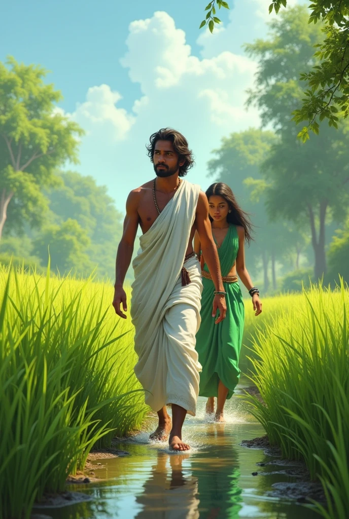 indian 20 years man walking in panche kattu white dress behind 18 years indian village girl in green dress in paddy field with a small canal of water flowing