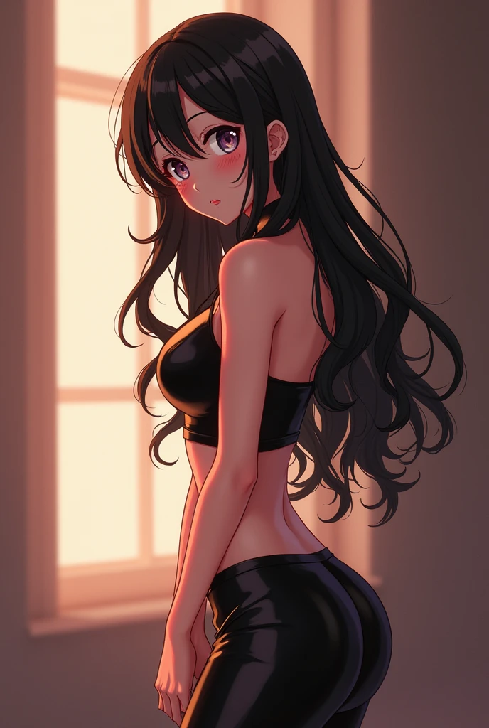 Embarrassed anime girl eighteen years old barefoot, in black latex clothes in latex pants with a collar in profile. She has beautiful bare feet.
