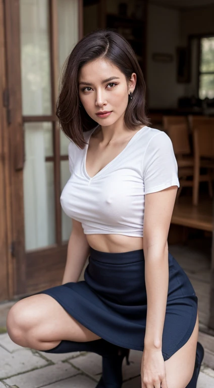 High resolution, attention to detail, masterpiece, rough skin, anatomically correct real human, realistic human, realistic: 1.37), 50-year-old beautiful European mature woman, alone, rough skin, face Wrinkles, sharp, her hairstyle is elegant semi-long permanent hair, she is squatting in a very bright room facing straight ahead with her crotches spread wide, her expression is a very angry face with a frown He is staring at me in front of me. 1. He is wearing a small business suit in navy blue that shows off his body line. 2. Underneath that, he is wearing a thin gray V-neck T-shirt that hugs his body. Wearing a shirt with nipples showing through, 3 (wearing a long elastic tight skirt that reaches to the knees), 4 (wearing dark brown thin stockings, 5 wearing a dark blue garter belt), 6 wearing heels ,7(((A woman with legs spread 60 degrees apart, both arms are on the knees in a squatting position))),8 Her panties are visible under her skirt. ,9 The front part of the panties is made of thin dark brown stocking fabric, and the front part is a T-back with an extremely thin T-front cut.10 The pubic hair and genitals inside the panties are made of thin fabric can be seen through.11((Inside the skirt) It looks good because of the lighting)),12(cameltoe(0.2),13(((Camera angle is from directly below her, her whole body is shot from directly below))),