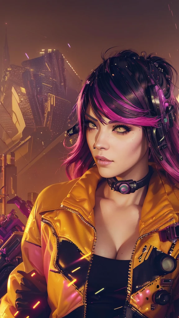 there is a woman with a yellow jacket and pink hair, cyberpunk judy alvarez, cyberpunk jackie welles, the cyberpunk girl portrait, cyberpunk femme fatale, stylized urban fantasy artwork, hyper-realistic cyberpunk style, cyberpunk art style, cyberpunk style , hyperrealistic, cyberpunk artstyle, photorealistic artstyle, realistic artstyle, cyberpunk digital painting, in cyberpunk style