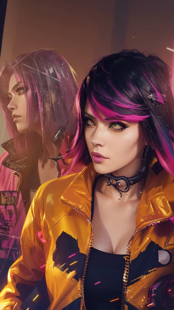 there is a woman with a yellow jacket and pink hair, cyberpunk judy alvarez, cyberpunk jackie welles, the cyberpunk girl portrait, cyberpunk femme fatale, stylized urban fantasy artwork, hyper-realistic cyberpunk style, cyberpunk art style, cyberpunk style , hyperrealistic, cyberpunk artstyle, photorealistic artstyle, realistic artstyle, cyberpunk digital painting, in cyberpunk style