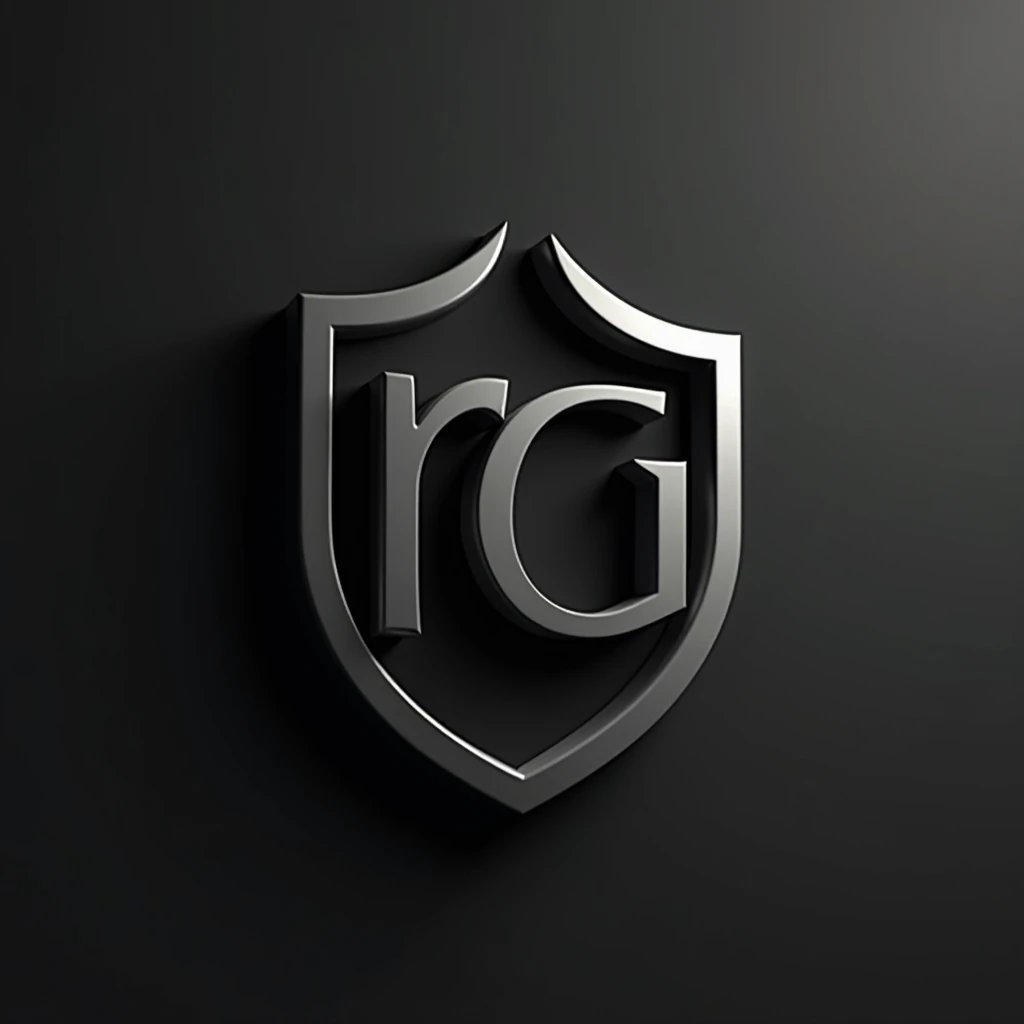 A 3D render of a monochromatic design featuring the letters 'R' and 'G' intertwined. The letters are stylized with sharp edges and are positioned in a way that they form a shield-like structure. The design is symmetrical, with the 'R' on the left and the 'G' on the right. The overall aesthetic gives a sense of strength, protection, and modernity.