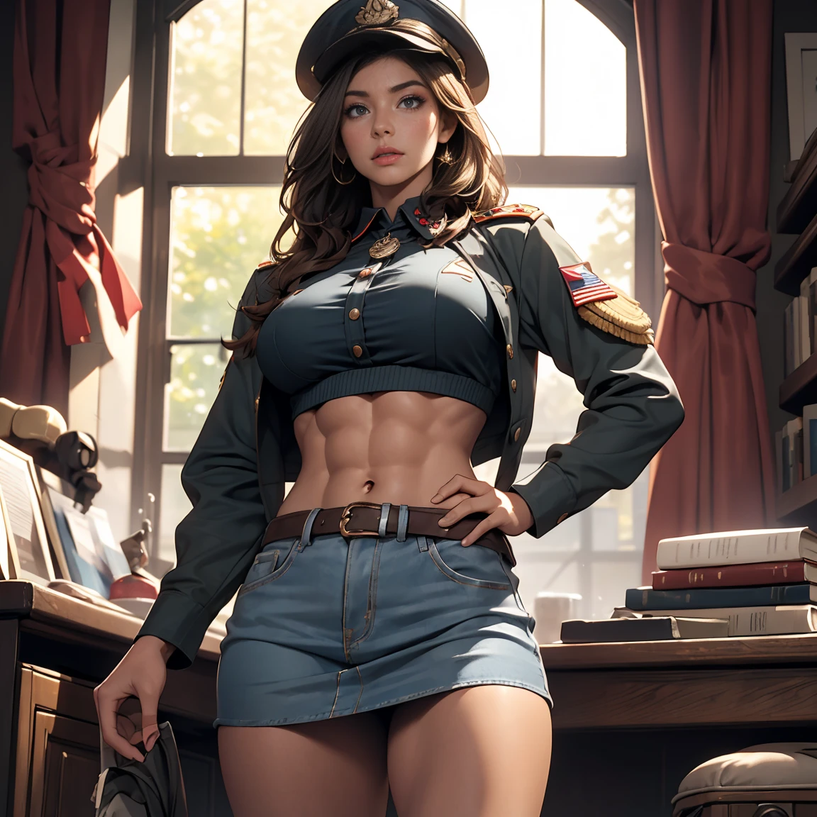 1 woman, Pretty Caucasian (female), Sarah Shahi, a slim but muscular body, huge breasts, dark brown messy hair, blue eyes, Women, Women in crop top soldier uniform, soldier hat, military Shirt brooch, exposed abdomen area, very low waist micro miniskirt, exposed navel, well exposed thighs, 25 years-old, high ranking , standing, military standing , realistic, high quality, view from front