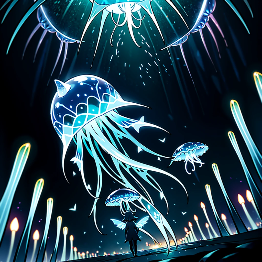 masterpiece, high quality, ultra high resolution, pokemon style, light type, a bioluminescent jellyfish with firefly wings and a lanternfish