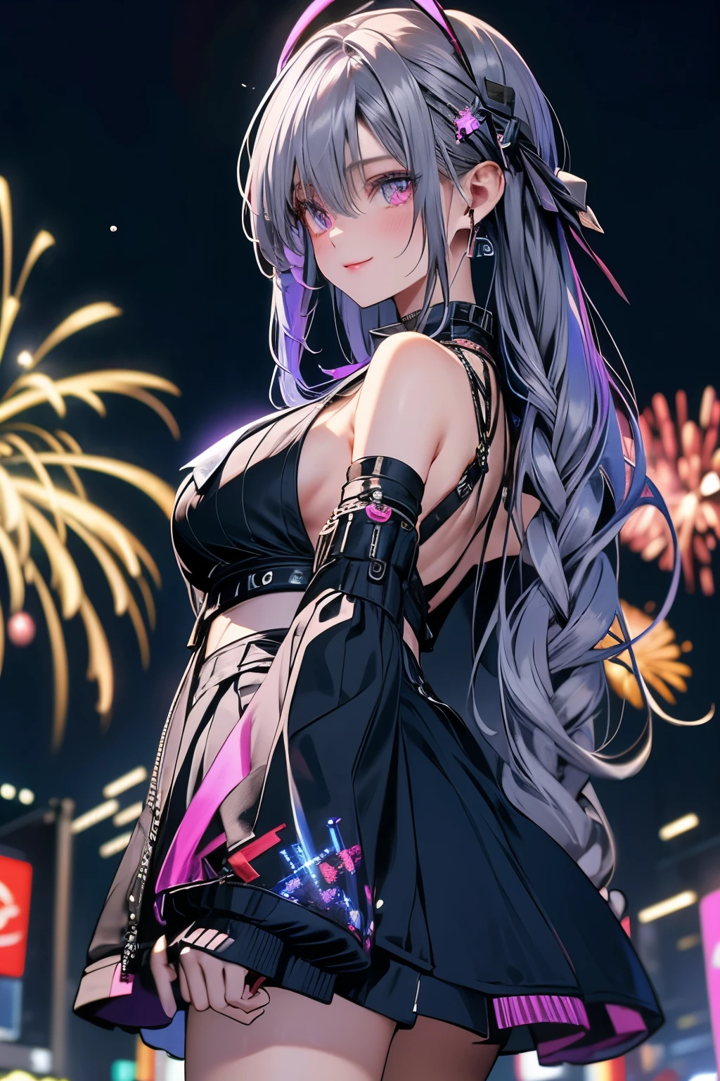 8k,silver hair,Amidst the lively backdrop of a cyberpunk summer festival with holographic fireworks, a cool and cute girl is joyfully moving around. Her outfit is adorned with neon colors and futuristic decorations.