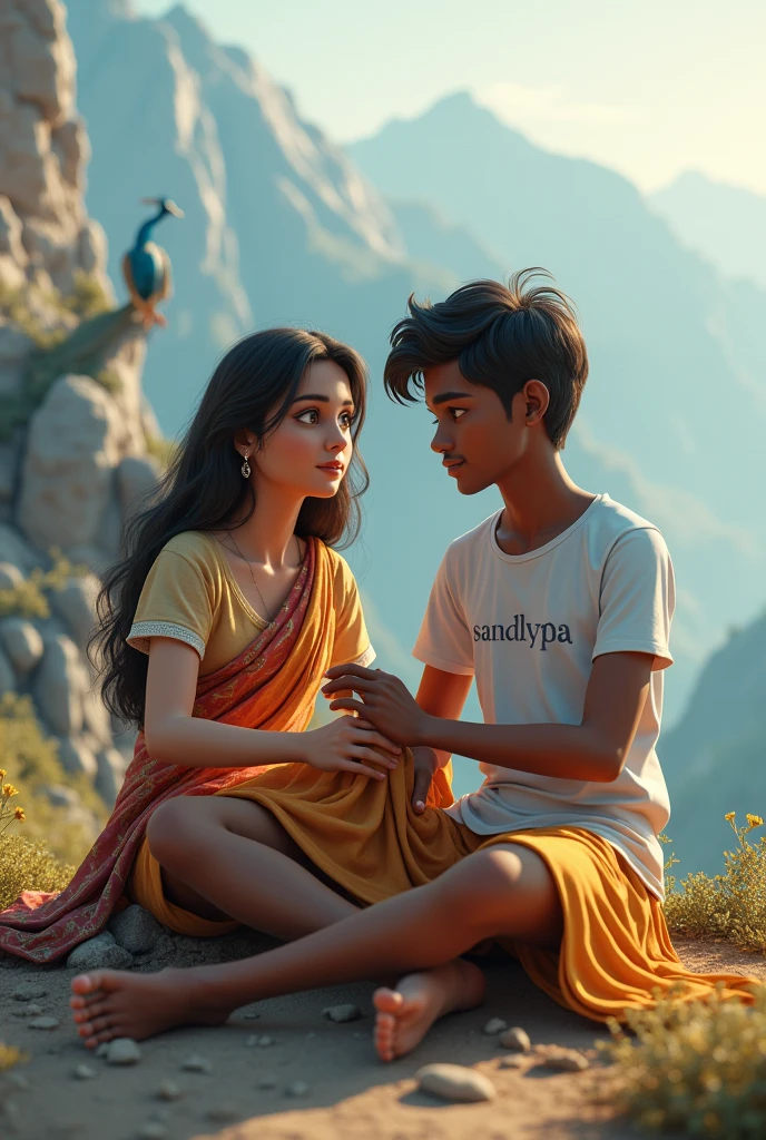 create a 3d image of 20 year old Indian devotional girl who is sitting next to krishna ji and Krishna ji playing the flute, they both sit together on the mountain,girl wearing T-shirt Name "Sandhya" written on it, heaven like beautiful view background, peacock dancing,realistic image and boy is in barefoot.