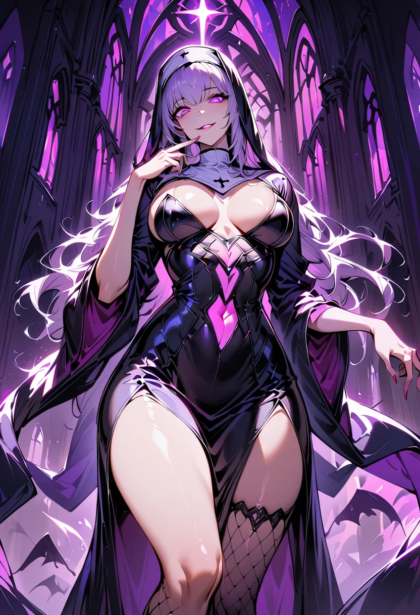 1 mature woman,(Highest quality,Extremely detailed depiction,Incredibly absurd high resolution,Anatomically accurate depiction,Curvy Legs,Shiny skin,Porcelain-like skin,Perfect body),(Succubus disguised as a nun,Intricately crafted robes,Fishnet tights),eyelash,(Glowing purple eyes,Crazy Eyes,Eyes half closed:1.5,There is cleavage in the chest,Wicked Smile,Glossy Red Lips,Seductive gestures,Put your finger on your cheek),whole body,background:Chapel,Pink light