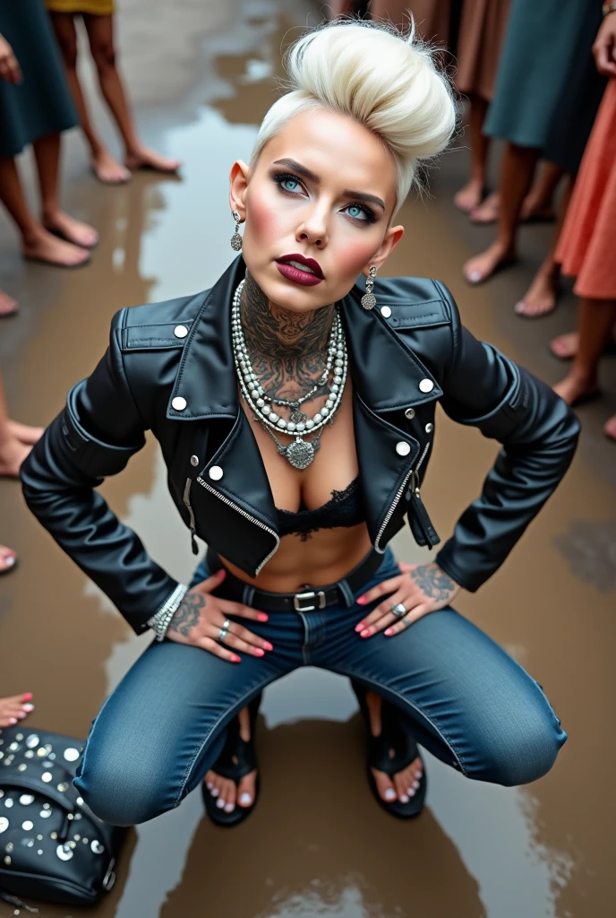 russian milf woman, grey  hair (high pompadour, top bun), with very light blue eyes, extremely pale skin. All neck tattooed. Hands and forearms all tattooed. Wearing cropped aged black moto jacket with lots of zippers and pins, flipped up collar.. black lace push up bra. Dark blue skinny  jeans.. flip flops. . Dirty knees, dirty feet and muddy hands.  Squatting on a puddle with hands on her hips, looking up, chin up, stretching her neck , humble facial expression.  Black nail polish. studded black leather tote bag with chain on the floor, next to her.. Listening with tilted head,looking up in amazement to somebody speaking to her from the sky, upper teeth visible. Well toned abdominals, thin neck, slim legs and thin arms. Narrow hips Cleavage, stomach, neck, and hands completely covered with tattoos. Dirt street in Kenyan village full of waste. Lots of silver bracelets, silver pendants,  and big pearl collars and necklaces around all the neck. A lot of tanned fat women  in traditional dresses around looking at her. next to her, all her belongings scattered on the floor: tobacco packs, makeup kit, little makeup mirror, studded black leather tote bag, lipstick, wallet, moble etc on the floor, point of view; from above