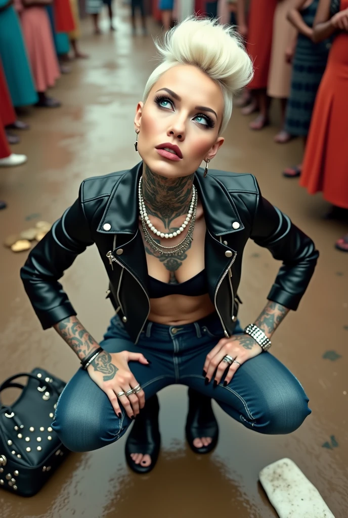 russian milf woman, grey  hair (high pompadour, top bun), with very light blue eyes, extremely pale skin. All neck tattooed. Hands and forearms all tattooed. Wearing cropped aged black moto jacket with lots of zippers and pins, flipped up collar.. black lace push up bra. Dark blue skinny  jeans.. flip flops. . Dirty knees, dirty feet and muddy hands.  Squatting on a puddle with hands on her hips, looking up, chin up, stretching her neck , humble facial expression.  Black nail polish. studded black leather tote bag with chain on the floor, next to her.. Listening with tilted head,looking up in amazement to somebody speaking to her from the sky, upper teeth visible. Well toned abdominals, thin neck, slim legs and thin arms. Narrow hips Cleavage, stomach, neck, and hands completely covered with tattoos. Dirt street in Kenyan village full of waste. Lots of silver bracelets, silver pendants,  and big pearl collars and necklaces around all the neck. A lot of tanned fat women  in traditional dresses around looking at her. next to her, all her belongings scattered on the floor: tobacco packs, makeup kit, little makeup mirror, studded black leather tote bag, lipstick, wallet, moble etc on the floor, point of view; from above