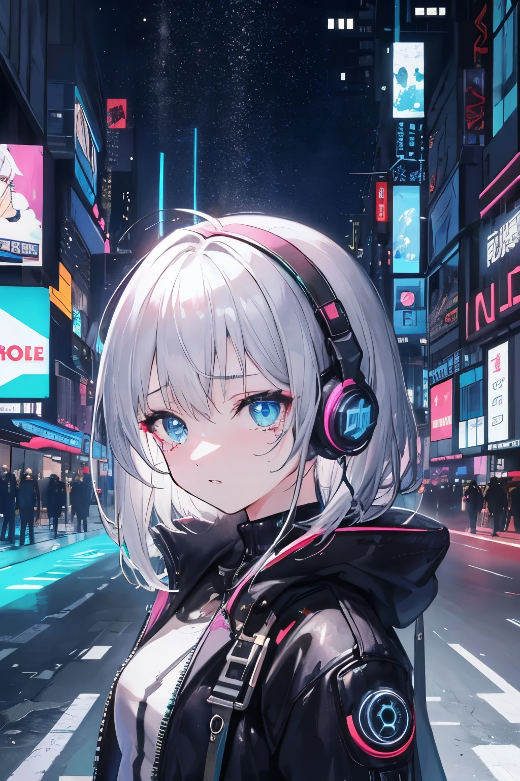 Cyberpunk worldview。a beautiful girl character。Your eyes are sparkling。Futuristic Cyberpunk City Background。Shiny retro material。Cyber Accessories。Digital headsets and gloves。Vintage Cyberpunk。4K,Tears in my eyes。Anime illustration。Baby Face。Silver Hair。Starry Sky。