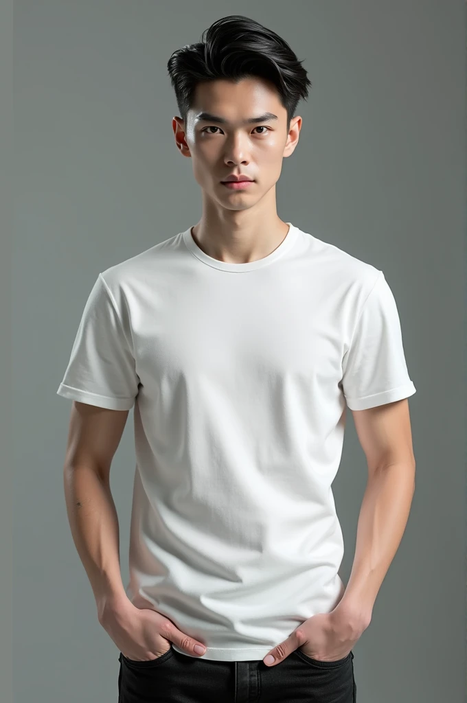Here's a detailed description based on your preferences:
He has black, stylish hair that’s neatly styled, enhancing his overall look. His skin is a milky white, providing a striking contrast with his outfit. His eyes are deep and expressive, reminiscent of sea waves with their captivating depth and shimmer. He wears black jeans and a white t-shirt, creating a sharp, modern appearance. His medium build complements his attire, giving him a balanced and attractive presence.