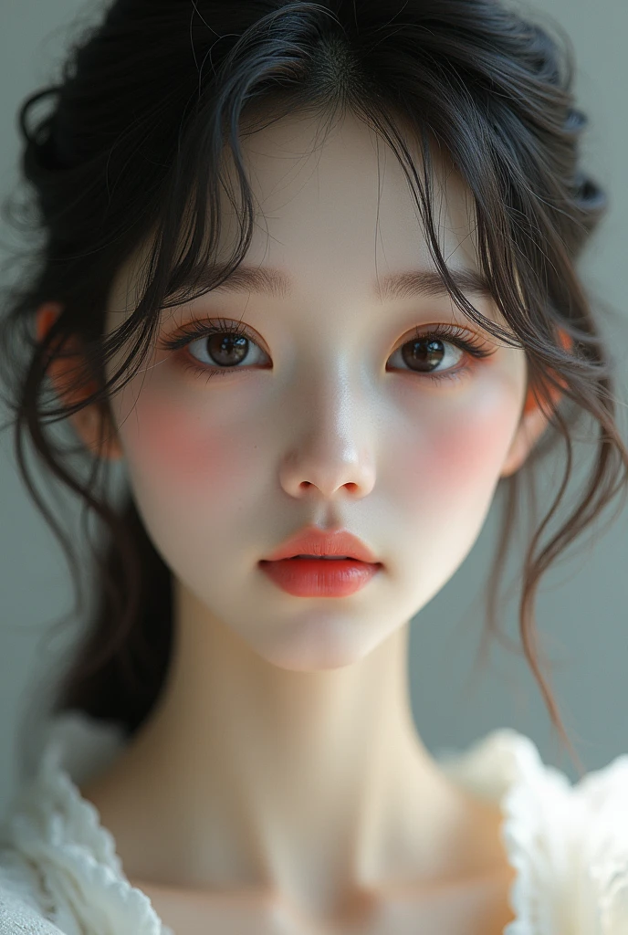 Pysche a woman with asian face. She was delicate and angelic, with smooth porcelain skin and soft features. Her lips were plump and pink, her eyes wide and innocent. Her chin was softly rounded, and her nose small and straight. But it was her eyes that were truly stunning - they were a deep, rich chocolate color, framed by long, thick lashes that cast shadows on her cheeks. She looked like a porcelain doll come to life, all sweetness and innocence.
