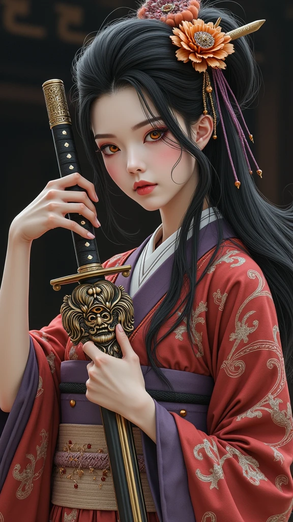 cyberpunk,Create a photorealistic full-body image of a female character inspired by the medicine seller from 'Mononoke' in the 'Karakasa' arc, as if it were from a live-action adaptation. She has long, flowing black hair styled elegantly, and her face is adorned with traditional geisha-style makeup. Include the same sharp, artistic orange eye makeup with small red gems near the eyes, and a delicate pink lip color. She is holding a sword inspired by the Taima sword from a specific reference image, with intricate designs and a demonic face on the hilt. The woman is dressed in a traditional yet intricately designed kimono with rich, textured fabrics, blending deep reds, purples, and golds. The background depicts a traditional Japanese setting with a supernatural atmosphere, such as a haunted temple or a misty forest. The overall mood should be mysterious and eerie, capturing the full essence of the character in her environment.