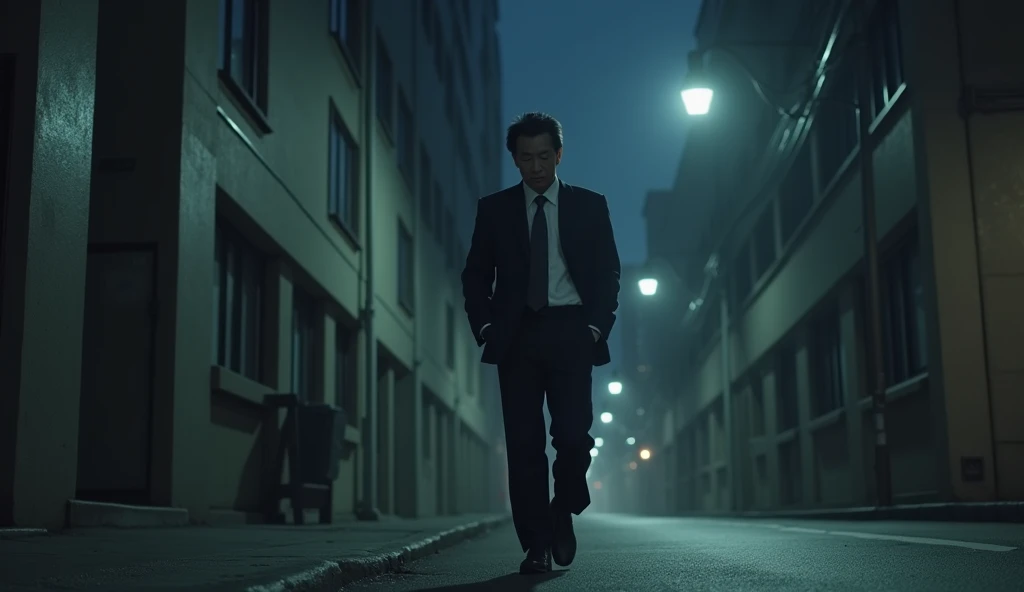 A Japanese salaryman leaving work after finishing overtime. The scene is realistic, depicting him exiting an office building late at night. The salaryman, dressed in a suit, looks tired as he steps out into the quiet night streets. The background shows dark office windows and an empty street, capturing the stillness of the late hour