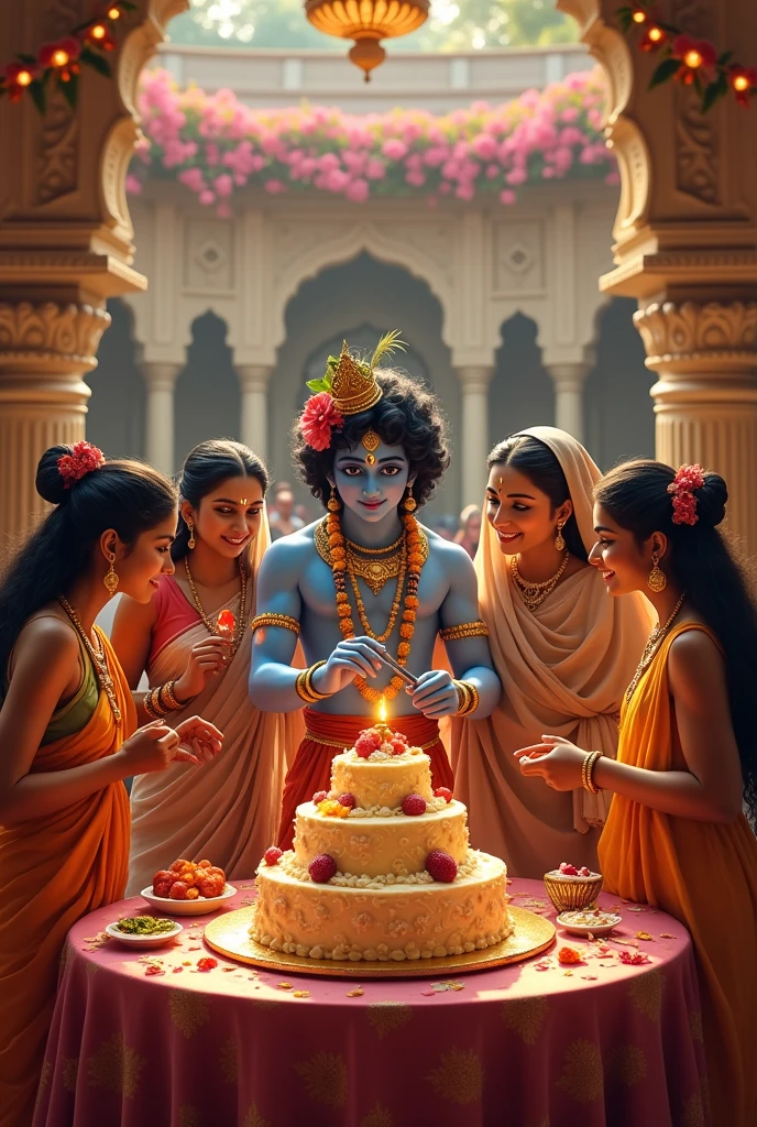 Here is a description of the scene where Lord lord
cute Krishna cuts his birthday cake with his friends and family:
The grand courtyard of Krishna's palace was alive with the joyous celebration of his birthday. Colorful garlands of fragrant flowers adorned the pillars and archways, their petals gently drifting to the ground. The air was filled with the tantalizing aroma of freshly baked sweets and the lively chatter of Krishna's loved ones.
In the center of the courtyard stood an opulent table, adorned with an ornate, multi-tiered birthday cake. The creamy frosting was decorated with intricate designs and topped with a vibrant array of fresh fruits. Flickering oil lamps cast a warm, golden glow over the scene, highlighting the smiling faces of Krishna's family and friends.
Krishna, his eyes sparkling with delight, stood before the cake, surrounded by those he cherished most. His mother, Devaki, beamed with pride, her hands clasped together in joy. The gopis, Krishna's devoted companions, clustered around him, their faces radiant with adoration.
With a graceful sweep of his hand, Krishna leaned forward and carefully sliced into the cake, meticulously dividing it into equal portions. As he began to serve the delectable treats to his guests, laughter and exclamations of delight filled the air.
The group eagerly accepted the offered slices, savoring the rich, creamy sweetness. They exchanged warm embraces and heartfelt wishes, their expressions reflecting the deep bond they shared with Krishna.
It was a scene of pure joy and celebration, a testament to the love and community that surrounded the beloved Krishna on his special day.