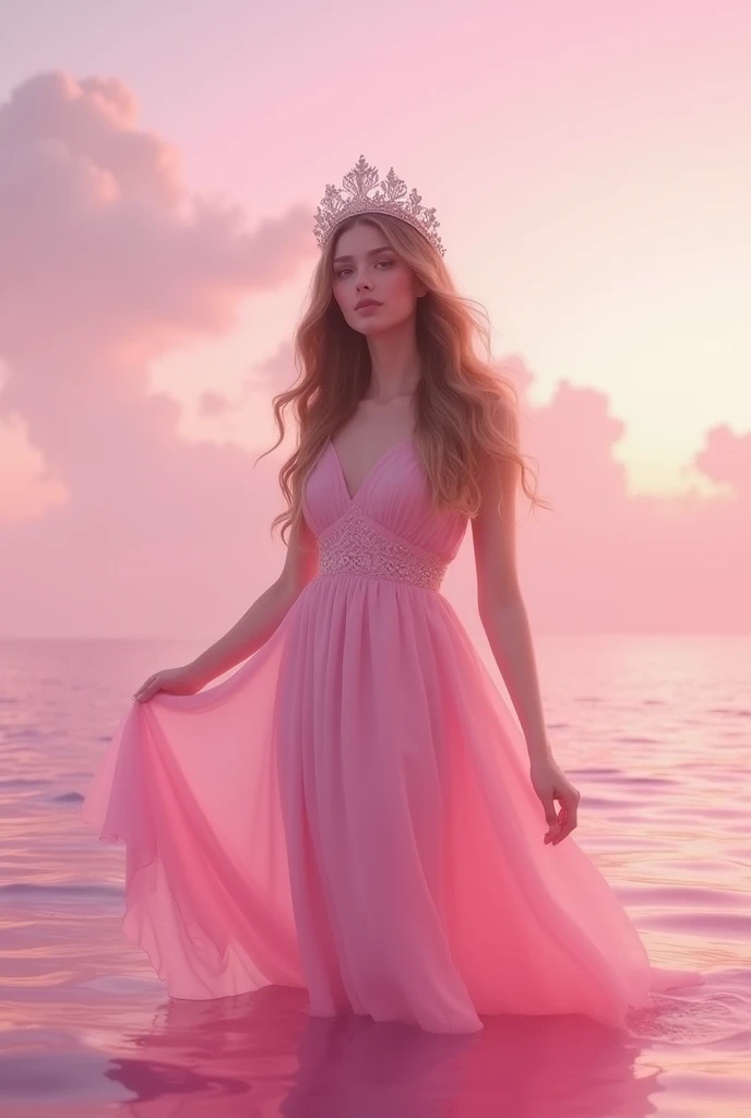 sea background, with pink would be with long wavy hair and light brown，crown on head，full body photo，Pink dress, pink sea