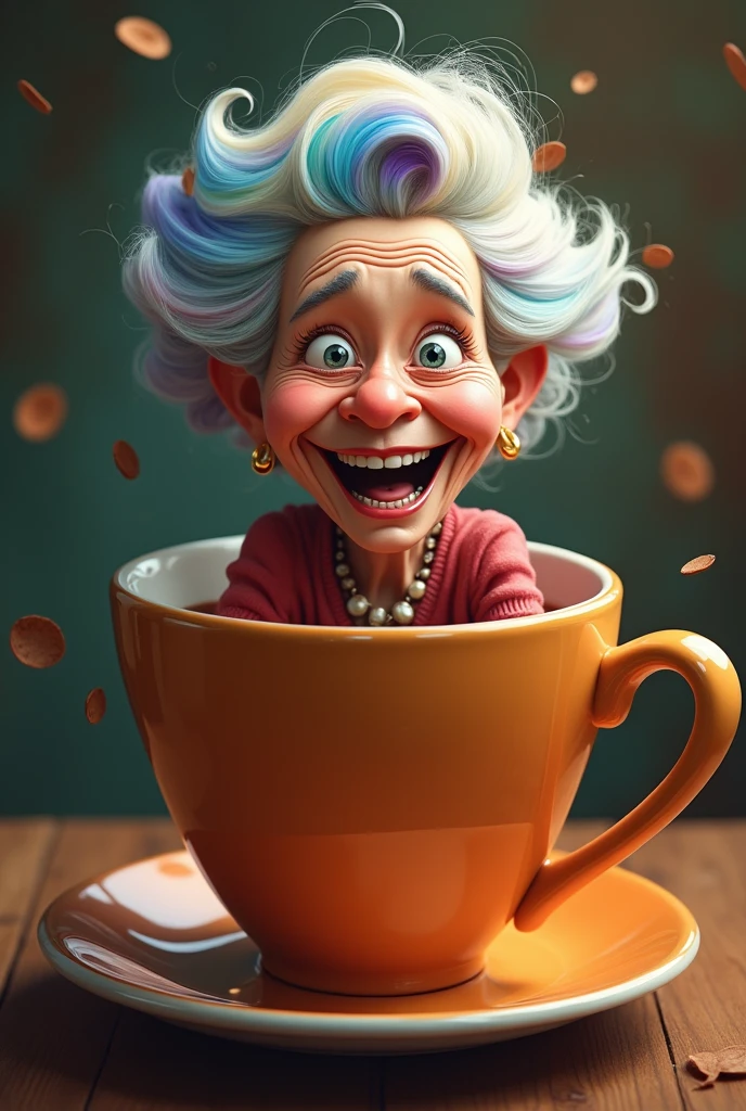 Funny grandma with short colorful hair and many wrinkles on her face, sits in a giant coffee cup and sings: Coffee makes you beautiful, Arte Digital, German language