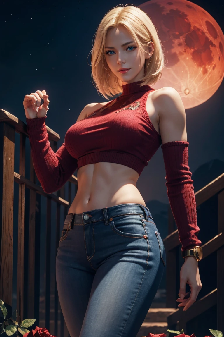 KOF,King of Fighters,Blue Mary,Blue Eyes,Blonde Hair,Medium Hair,Beautiful white skin,Photorealistic,Ultra HD,high quality,masterpiece,Digital SLR,Detailed details,Intricate details,Anatomical basis,Depicted in detail,A detailed face,Realistic skin texture,Vivid details,Perfect Anatomy,Perfect Anatomy,Anatomically correct hand,Anatomically correct fingers,Super Detail,Complex 3D rendering,Sexy pose,Red knitted tops,No sleeve,jeans,Fantasy worldview,Beautiful red sea,Beautiful Red Moon,Beautiful night sky,Petals of roses dance,Picturesque,Pink Lips,smile,