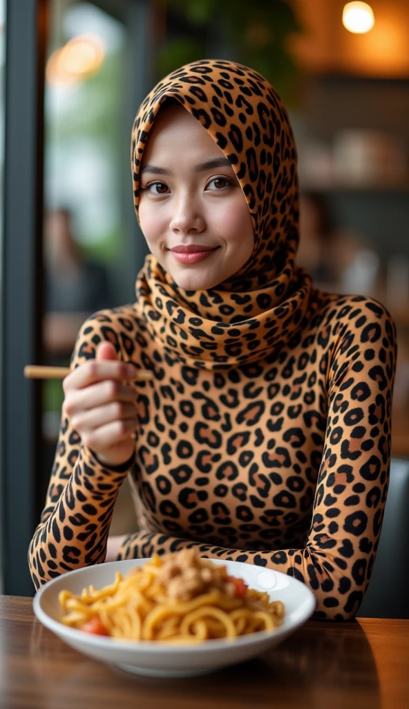 The most beautiful,thin,most pretty and clever malaysian muslimah adult girl wears ocelot print lycra turtleneck unitard catsuit covered with spots.She always wear ocelot print lycra dancewear stretchy square hijab covered with many spots.She is eating bihun at hotel.