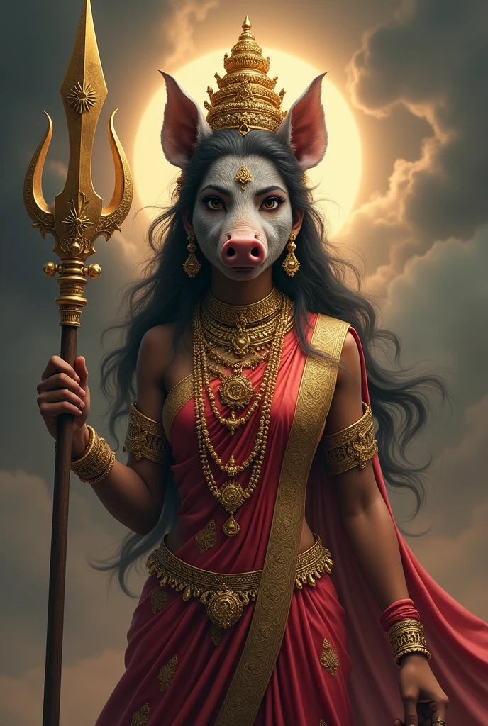 "Create an ultra-realistic image of Goddess Varahi, emphasizing her extreme beauty and divine power. She should have a small boar's head, seamlessly integrated with her skin tone, giving her a unique yet graceful appearance. Her facial features should be soft yet fierce, with large, expressive eyes that radiate wisdom, strength, and compassion. The boar’s head should be delicately proportioned, blending harmoniously with her human body to symbolize her protective and powerful nature.
Goddess Varahi should be adorned in a richly embroidered saree in deep red or dark green, symbolizing her connection to the earth and her role as a protector. The saree should be intricately decorated with gold patterns and divine symbols, highlighting her regal and divine status. Her jewelry should be luxurious and detailed, with heavy necklaces, bangles, and earrings that shimmer with divine light, enhancing her majestic appearance.
Only two hands. holding a **hala** (plough), a symbol of agriculture, fertility, and strength, representing her nurturing aspect as well as her power to clear obstacles. The background should be a celestial and powerful scene, perhaps with a dark sky and swirling clouds, illuminated by a divine light that emphasizes her fierce beauty and protective energy. The overall image should capture the essence of Goddess Varahi’s extreme beauty, strength, and divinity, presented in a highly realistic and detailed manner."