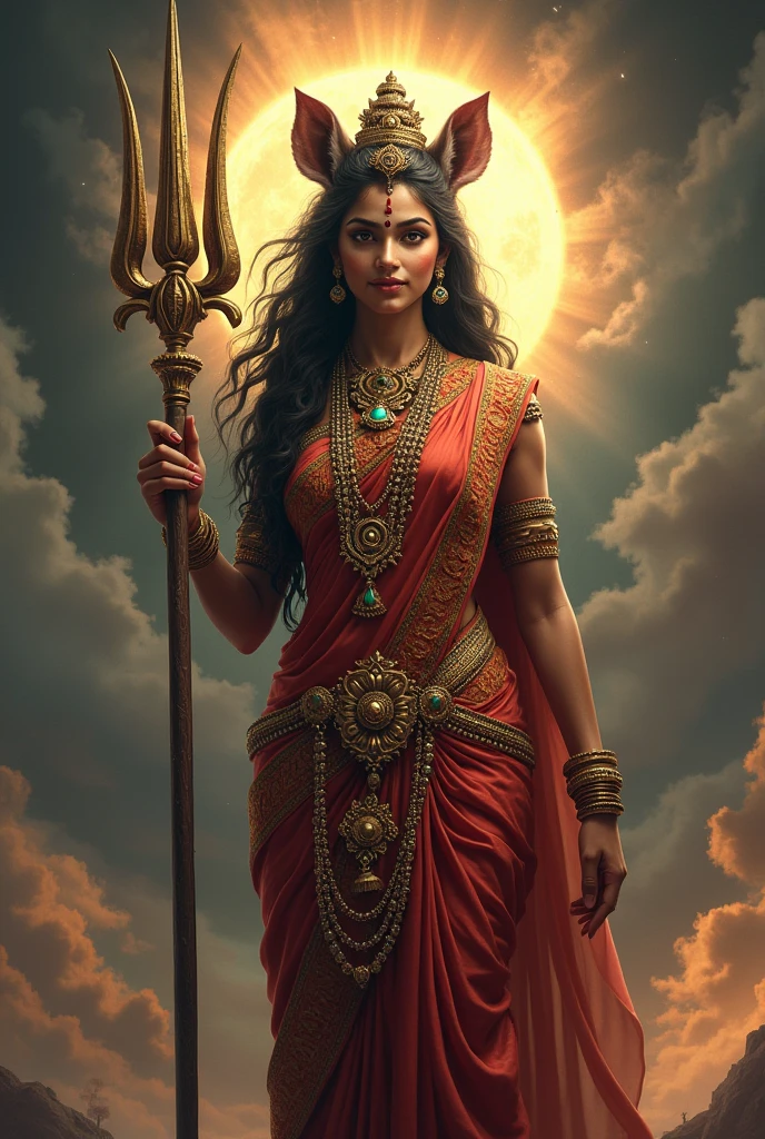 "Create an ultra-realistic image of Goddess Varahi, emphasizing her extreme beauty and divine power. She should have a small boar's head, seamlessly integrated with her skin tone, giving her a unique yet graceful appearance. Her facial features should be soft yet fierce, with large, expressive eyes that radiate wisdom, strength, and compassion. The boar’s head should be delicately proportioned, blending harmoniously with her human body to symbolize her protective and powerful nature.

Goddess Varahi should be adorned in a richly embroidered saree in deep red or dark green, symbolizing her connection to the earth and her role as a protector. The saree should be intricately decorated with gold patterns and divine symbols, highlighting her regal and divine status. Her jewelry should be luxurious and detailed, with heavy necklaces, bangles, and earrings that shimmer with divine light, enhancing her majestic appearance.
Only two hands. holding a **hala** (plough), a symbol of agriculture, fertility, and strength, representing her nurturing aspect as well as her power to clear obstacles. The background should be a celestial and powerful scene, perhaps with a dark sky and swirling clouds, illuminated by a divine light that emphasizes her fierce beauty and protective energy. The overall image should capture the essence of Goddess Varahi’s extreme beauty, strength, and divinity, presented in a highly realistic and detailed manner."