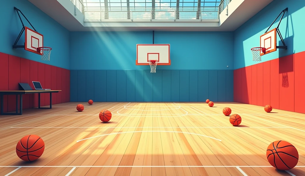 a Japanese school basketball court with bright colors. the floor is wooden, the court is empty without any people; there are some basketball balls on the floor, and there is a table outside the court with a laptop