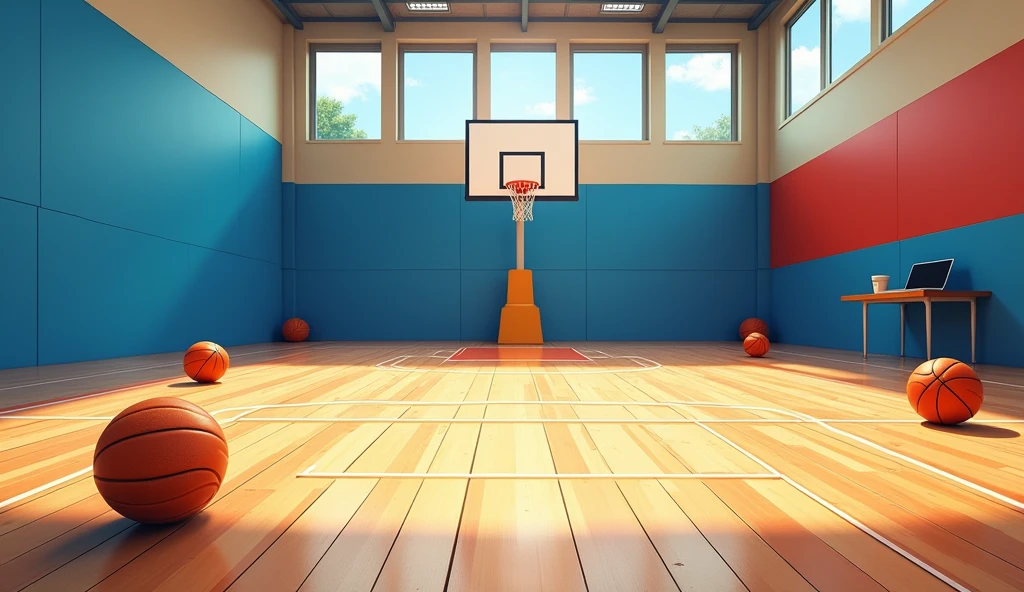 a Japanese school basketball court with bright colors. the floor is wooden, the court is empty without any people; there are some basketball balls on the floor, and there is a table outside the court with a laptop