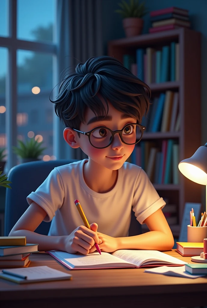 A high school boy in glasses sitting at a desk doing homework, wearing a T-shirt. There are a pile of books and test papers on the desk, and a desk lamp. There is a night view outside the window, bookshelves, close-up, high resolution. Illustration, 3D rendering, overclocked rendering, super detailed