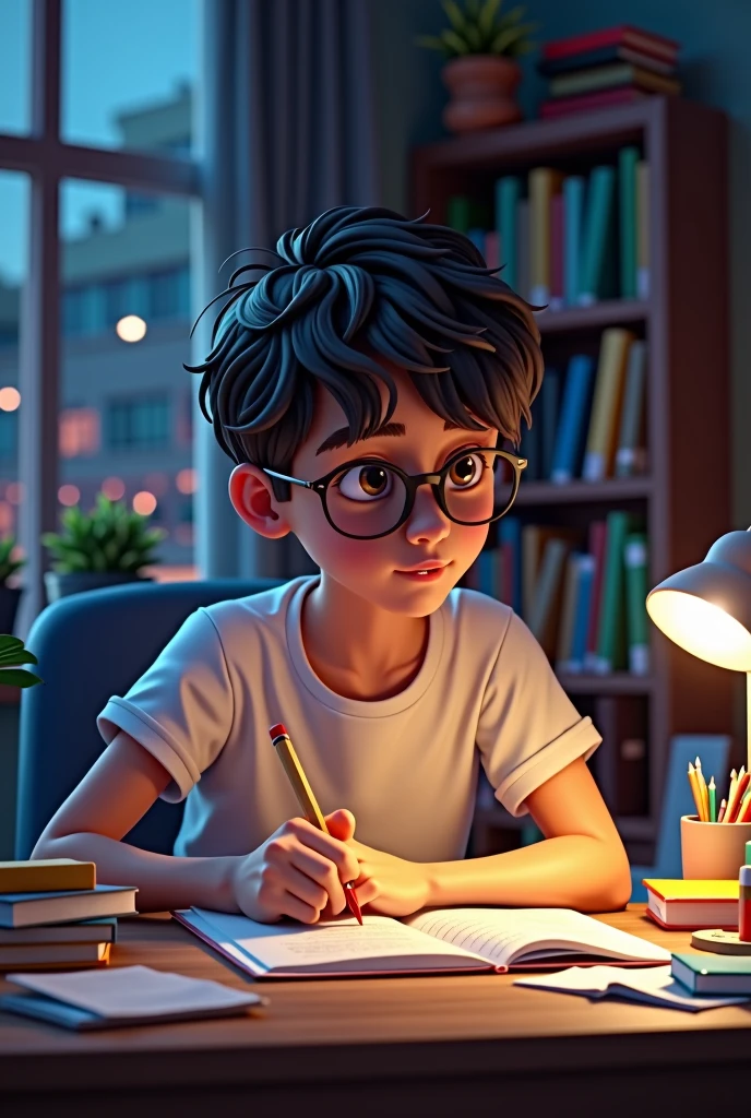 A high school boy in glasses sitting at a desk doing homework, wearing a T-shirt. There are a pile of books and test papers on the desk, and a desk lamp. There is a night view outside the window, bookshelves, close-up, high resolution. Illustration, 3D rendering, overclocked rendering, super detailed 