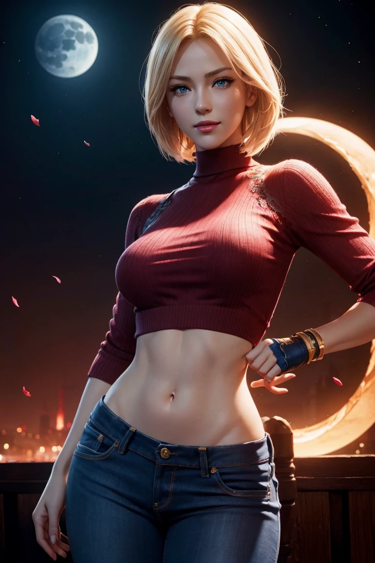 KOF,King of Fighters,Blue Mary,Blue Eyes,Blonde Hair,Medium Hair,Beautiful white skin,Photorealistic,Ultra HD,high quality,masterpiece,Digital SLR,Detailed details,Intricate details,Anatomical basis,Depicted in detail,A detailed face,Realistic skin texture,Vivid details,Perfect Anatomy,Perfect Anatomy,Anatomically correct hand,Anatomically correct fingers,Super Detail,Complex 3D rendering,Sexy pose,Red knitted tops,No sleeve,jeans,Fantasy worldview,Beautiful red sea,Beautiful Red Moon,Beautiful night sky,Petals of roses dance,Picturesque,Pink Lips,smile,