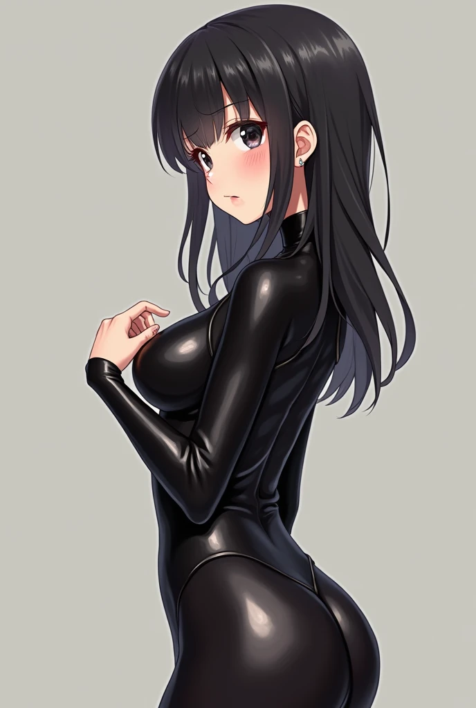 Embarrassed anime girl eighteen years old barefoot, in black latex clothes in latex pants with a collar in profile. Bare feet should be visible