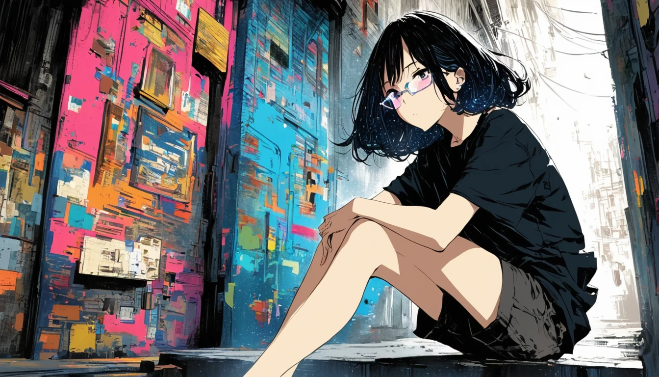 Very detailed:1.3, (Absurd, texture, masterpiece), pixiv Contest Winner, John Berkey, An illustration of someone wearing dynamic, manga-style glasses.,Sitting with legs crossed, Starry sky inner hair,Dark aesthetic,Euphoric,Oversized T-shirt,Black shorts,Beautiful woman,Old alley background, Dozing off,Crayon colored Zentangle,overview,Anime key visual,by Posuka Demizu