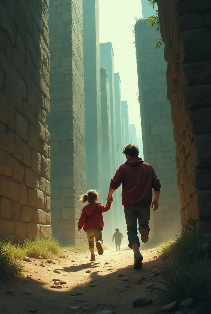 An brother grabs his little sister and runs. Behind them huge maze walls. Their friends also running behind them. Depict them from back