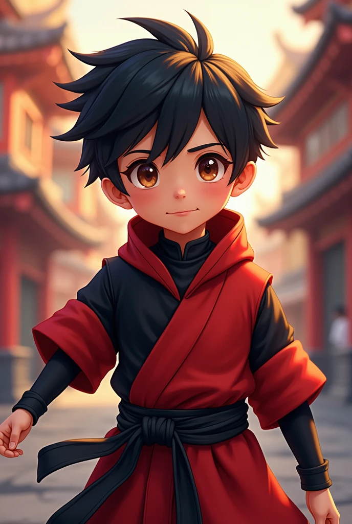 A young smiling cute and adorable and handsome Japanese anime boy with black hair, brown eyes, beautiful tan skin and a red and black ninja suit.