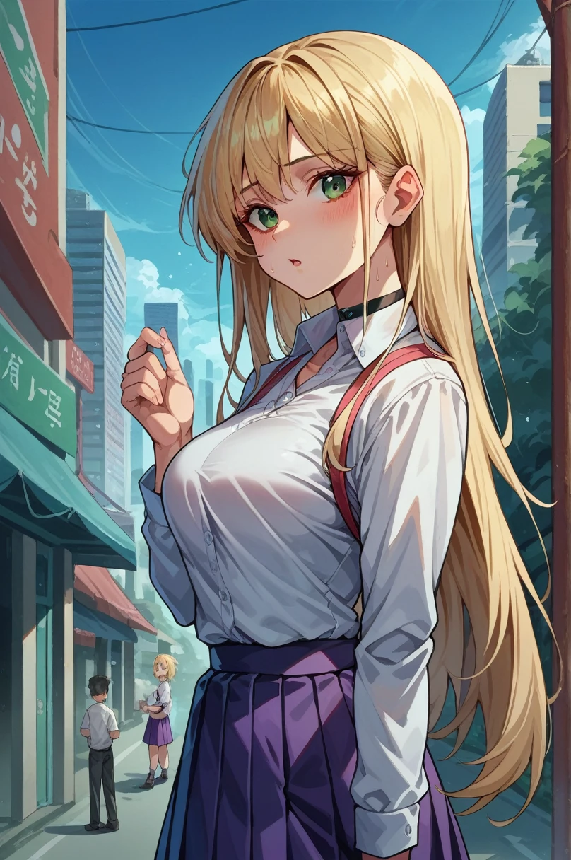 Fraction_9, Fraction_8_up, Fraction_7_up, Fraction_6_up, src_Japanese cartoons, 1 Girl, Solitary, right, Blonde Hair, Very long hair, Green Eyes, Ahog, White shirt, Black sweater vest, Neck strap, Collared shirt, Long sleeve, Purple skirt, Pleated Skirt, Medium breasts, blush, Chestnut mouth, Blue sky, City, Watching you, from the side, Sweat beads