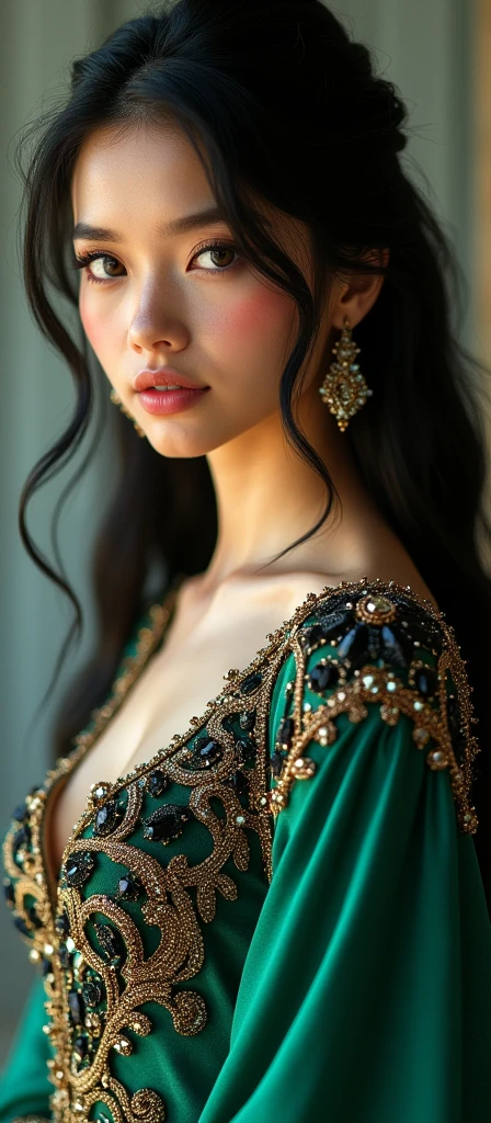 1 girl, beautiful Hooded dress, long silky hair, deeb black hair, High Resolution, Breasts, Blush, Earrings, Blue eyes, complex detailed eyes, royal green dress with black and golden crystals, side view, cleavage, long chest opening, side boob