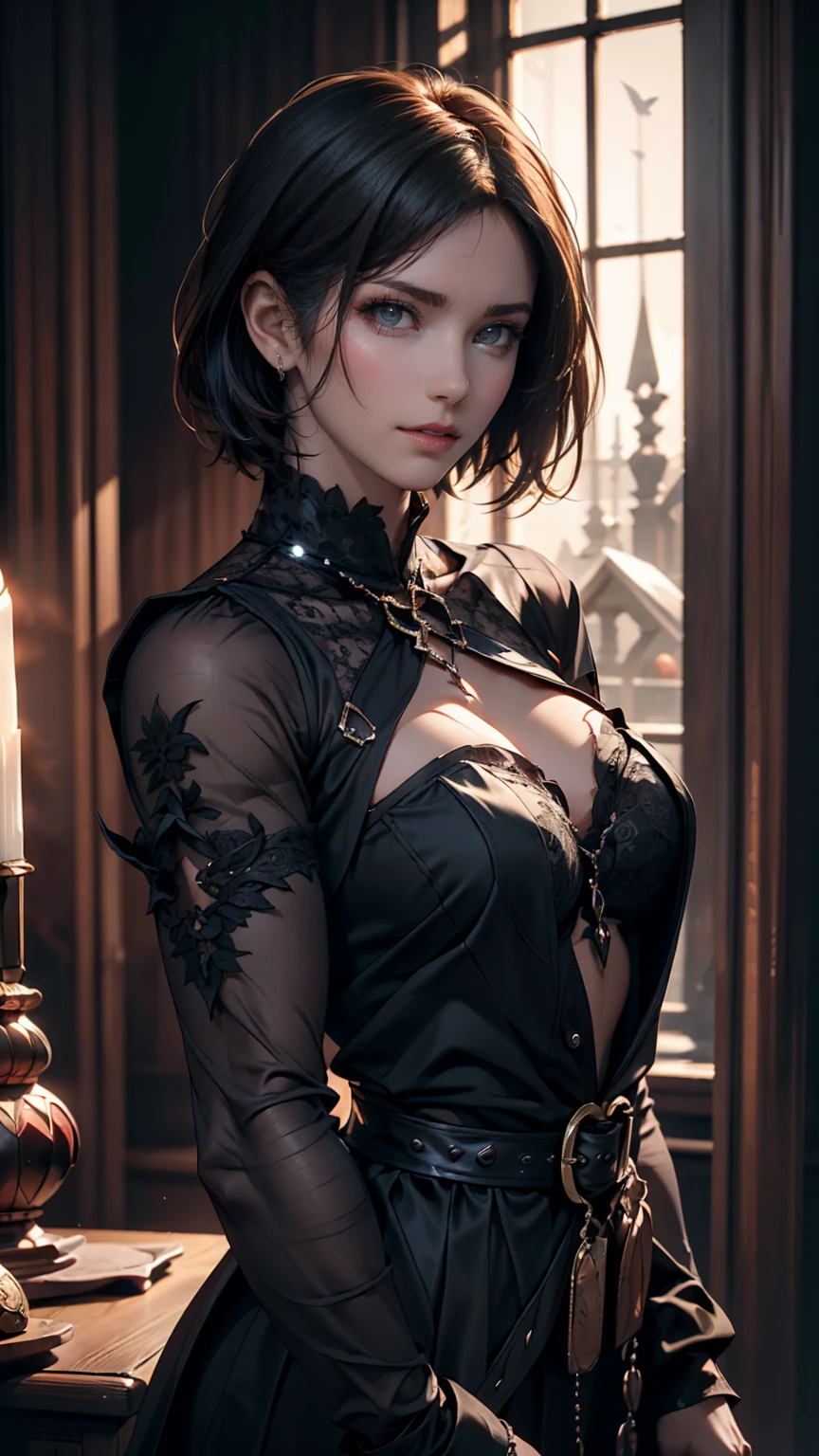 (high quality: 1.3), Cinematic shots, masterpiece, (Sharp focus: 1.5), (Realistic: 1.3), Medium portrait (Beautiful young vampire woman, Pale skin, Gothic, Still proud、Brave, Straight black short bob hair, Dark look, Wearing a very finely crafted dark tunic, Dark atmosphere, but、Sculpting shapes with sharp chiaroscuro), It's night, (Highly detailed skin), (Detailed face), Detailed Background, Dim lighting, dusk lighting, Volumetric lighting, Intricate details, Ultra-high resolution,
