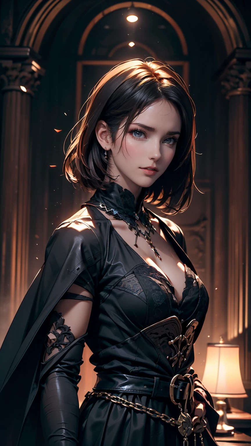 (high quality: 1.3), Cinematic shots, masterpiece, (Sharp focus: 1.5), (Realistic: 1.3), Medium portrait (Beautiful young vampire woman, Pale skin, Gothic, Still proud、Brave, Straight black short bob hair, Dark look, Wearing a very finely crafted dark tunic, Dark atmosphere, but、Sculpting shapes with sharp chiaroscuro), It's night, (Highly detailed skin), (Detailed face), Detailed Background, Dim lighting, dusk lighting, Volumetric lighting, Intricate details, Ultra-high resolution,