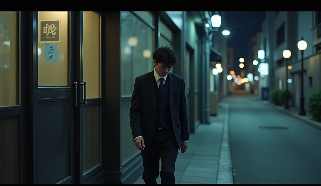 A Young Japanese salaryman leaving work after finishing overtime. The scene is realistic, depicting him exiting an office building late at night. The salaryman, dressed in a suit, looks tired as he steps out into the quiet night streets. The background shows dark office windows and an empty street, capturing the stillness of the late hour