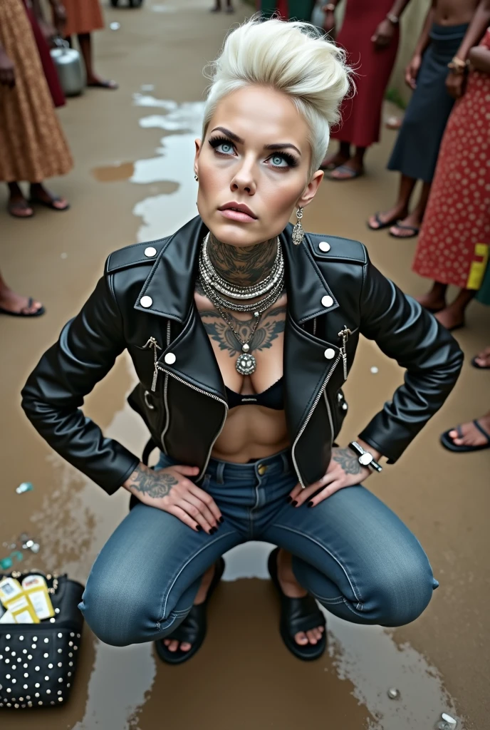 russian milf woman, grey hair (high pompadour, top bun), with very light blue eyes, extremely pale skin. All neck tattooed. Hands and forearms all tattooed. Wearing cropped aged black moto jacket with lots of zippers and pins, flipped up collar.. black lace push up bra. Dark blue skinny jeans.. flip flops. . Dirty knees, dirty feet and muddy hands. Squatting on a puddle with hands on her hips, looking up, chin up, stretching her neck , humble facial expression. Black nail polish. studded black leather tote bag with chain on the floor, next to her.. Listening with tilted head,looking up in amazement to somebody speaking to her from the sky, upper teeth visible. Well toned abdominals, thin neck, slim legs and thin arms. Narrow hips Cleavage, stomach, neck, and hands completely covered with tattoos. Dirt street in Kenyan village full of waste. Lots of silver bracelets, silver pendants, and big pearl collars and necklaces around all the neck. A lot of tanned fat women in traditional dresses around looking at her. next to her, all her belongings scattered on the floor: tobacco packs, makeup kit, little makeup mirror, studded black leather tote bag, lipstick, wallet, moble etc on the floor, point of view; from above