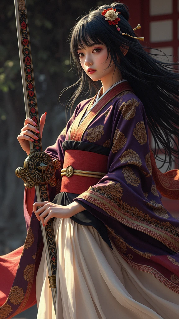 realistic cyberpunk,Create a photorealistic full-body image of a female character inspired by the medicine seller from 'Mononoke' in the 'Karakasa' arc, as if it were from a live-action adaptation. She has long, flowing black hair styled elegantly, and her face is adorned with traditional geisha-style makeup. Include the same sharp, artistic orange eye makeup with small red gems near the eyes, and a delicate pink lip color. She is holding a sword inspired by the Taima sword from a specific reference image, with intricate designs and a demonic face on the hilt. The woman is dressed in a traditional yet intricately designed kimono with rich, textured fabrics, blending deep reds, purples, and golds. The background depicts a traditional Japanese setting with a supernatural atmosphere, such as a haunted temple or a misty forest. The overall mood should be mysterious and eerie, capturing the full essence of the character in her environment.