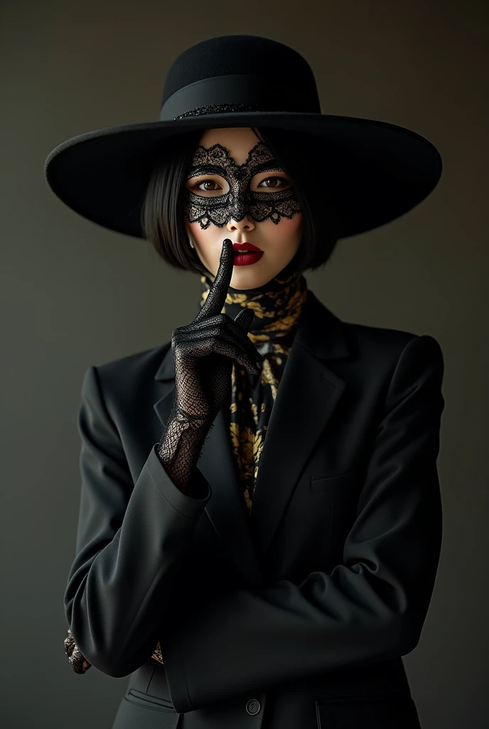 A Japanese woman wearing a full-head black lace mask that covers her mouth and nose and cuts out only for the eyes、Long black lace gloves、Black Suit、Elegant wide brim black hat、Putting a finger to the lips、Black and gold scarf
