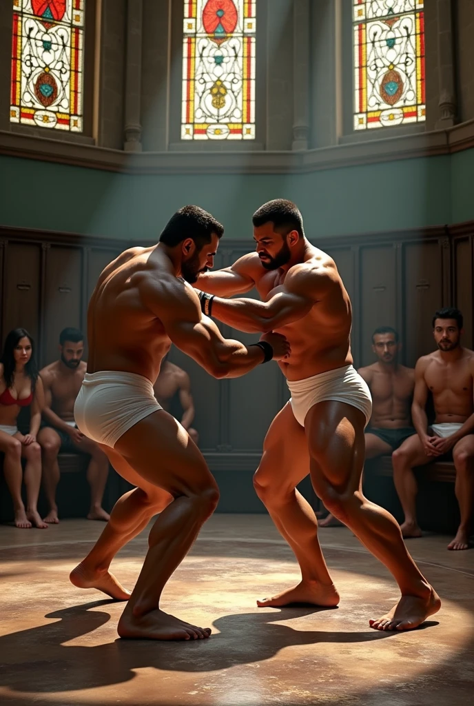 Two strong and muscular Bolivian men fighting furiously in white underwear, surrounded by other men, inside a large historic dressing room, with stained glass windows and benches in the background, in a building from 1650.