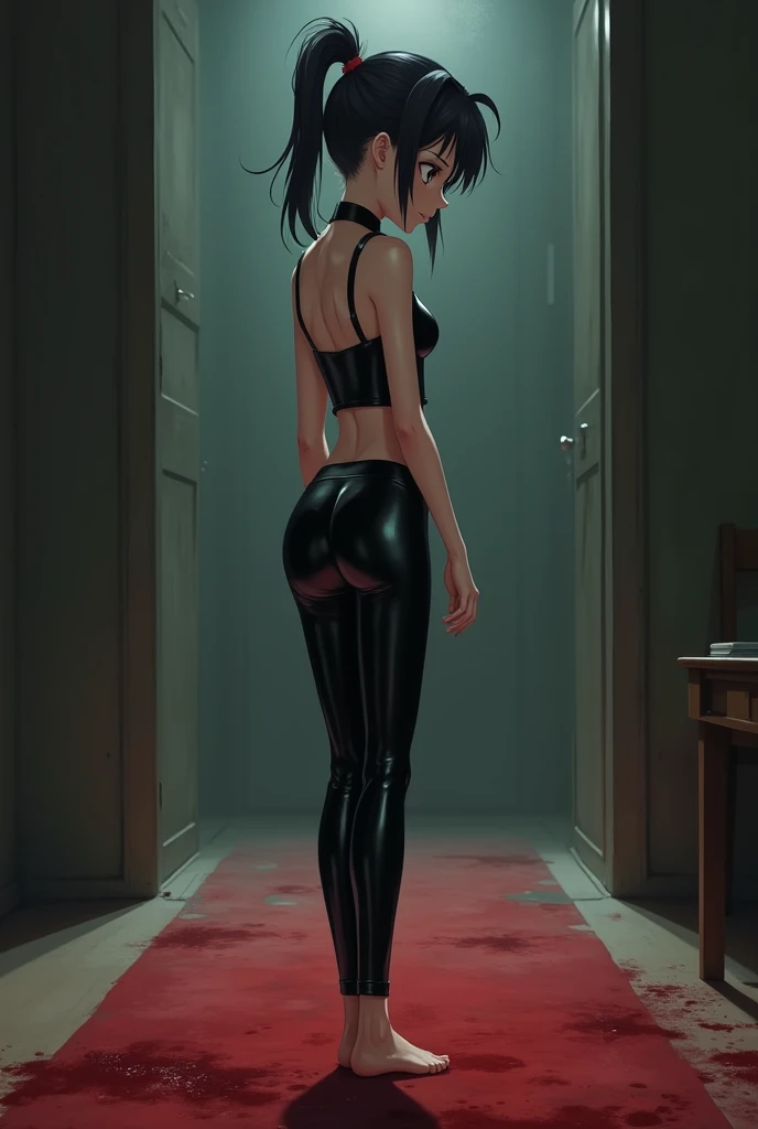 Embarrassed anime girl eighteen years old barefoot, in black latex clothes in latex pants with a collar in profile. She walks barefoot on the bloody carpet.