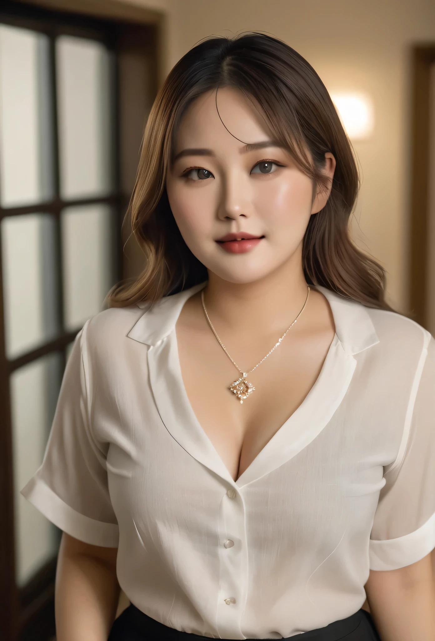 A photo of a charming plus-sized Korean chambermaid with a subtle allure as she goes about her duties. She is wearing a She is wearing a white flowing, deep-neck linen blouse and a necklace. Her blonde hair is styled in loose waves, and her eyes sparkle with a hint of mischief. The background is a dimly lit room. Tight shorts and stockings.