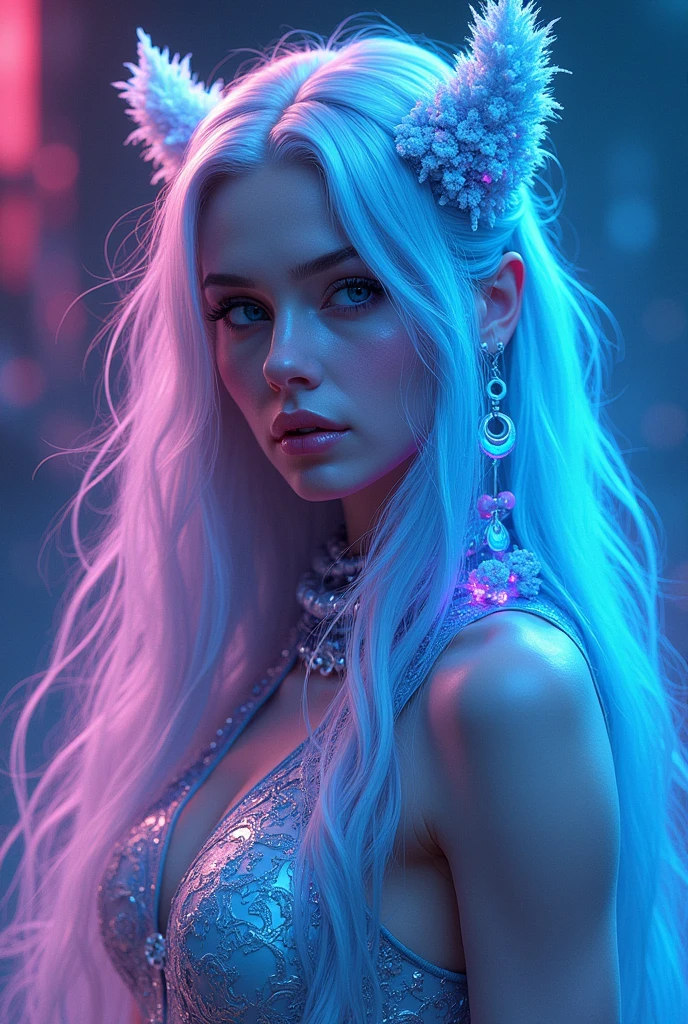 Image of Luna from Neon Dream with silver hair and neon blue and pink highlights