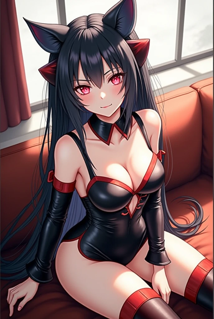 rory mercury, long hair, black hair, (red eyes