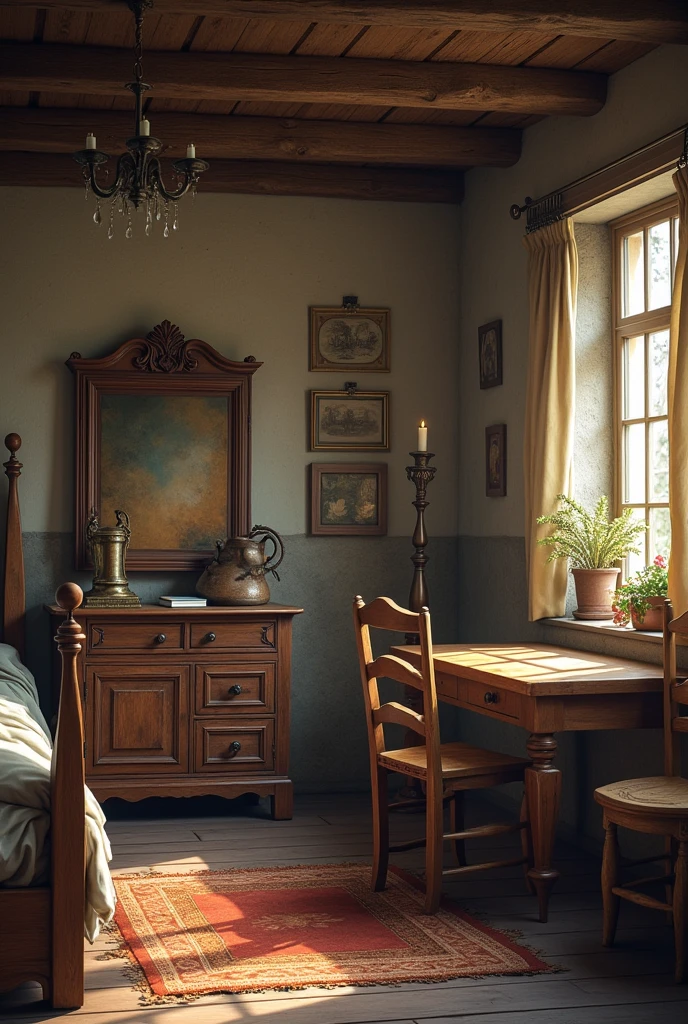 A room in oldest furniture like as dining table,
Bedsidé