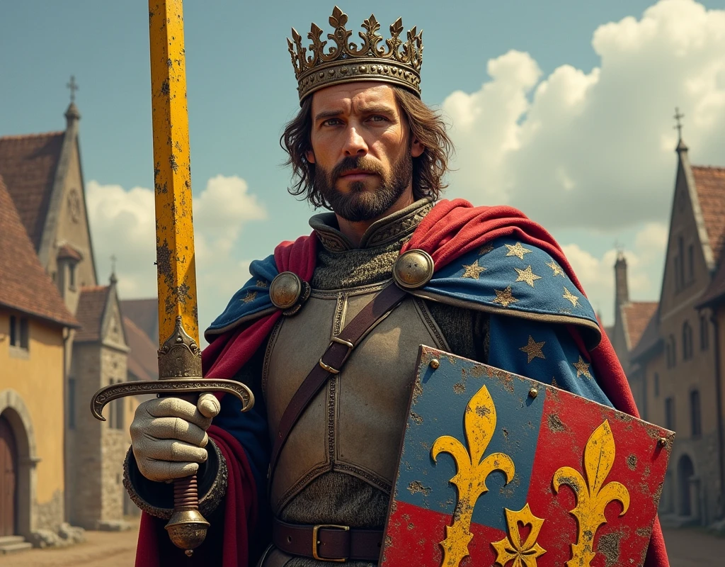 A poster depicting a man, lord, torn clothes, holding a shield with blue and red coat of arms thin vertical yellow sword painted upwards between 2lily flowers, damaged by fighting. medieval clothes, crown, light gloves, very battle-damaged, blue and red coat of arms. He's in a village, with the words "Tancred" written in large golden letters in the foreground.